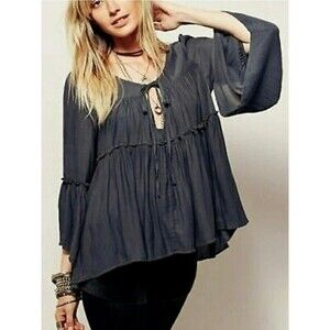 Free People A Few of My Favorite Things Blouse Size M Gray Bell Sleeve Tiered